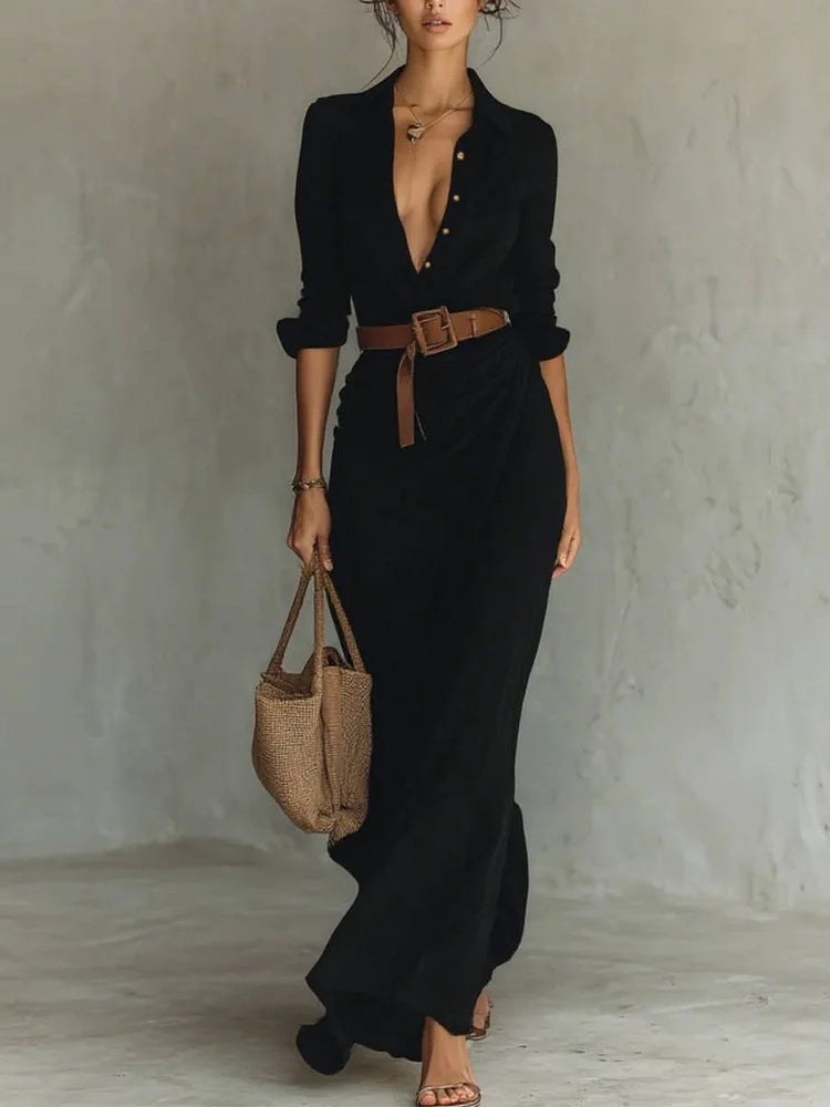 Robe Longue Élégante Ceinturée Pour Femme – Chic & Intemporelle
